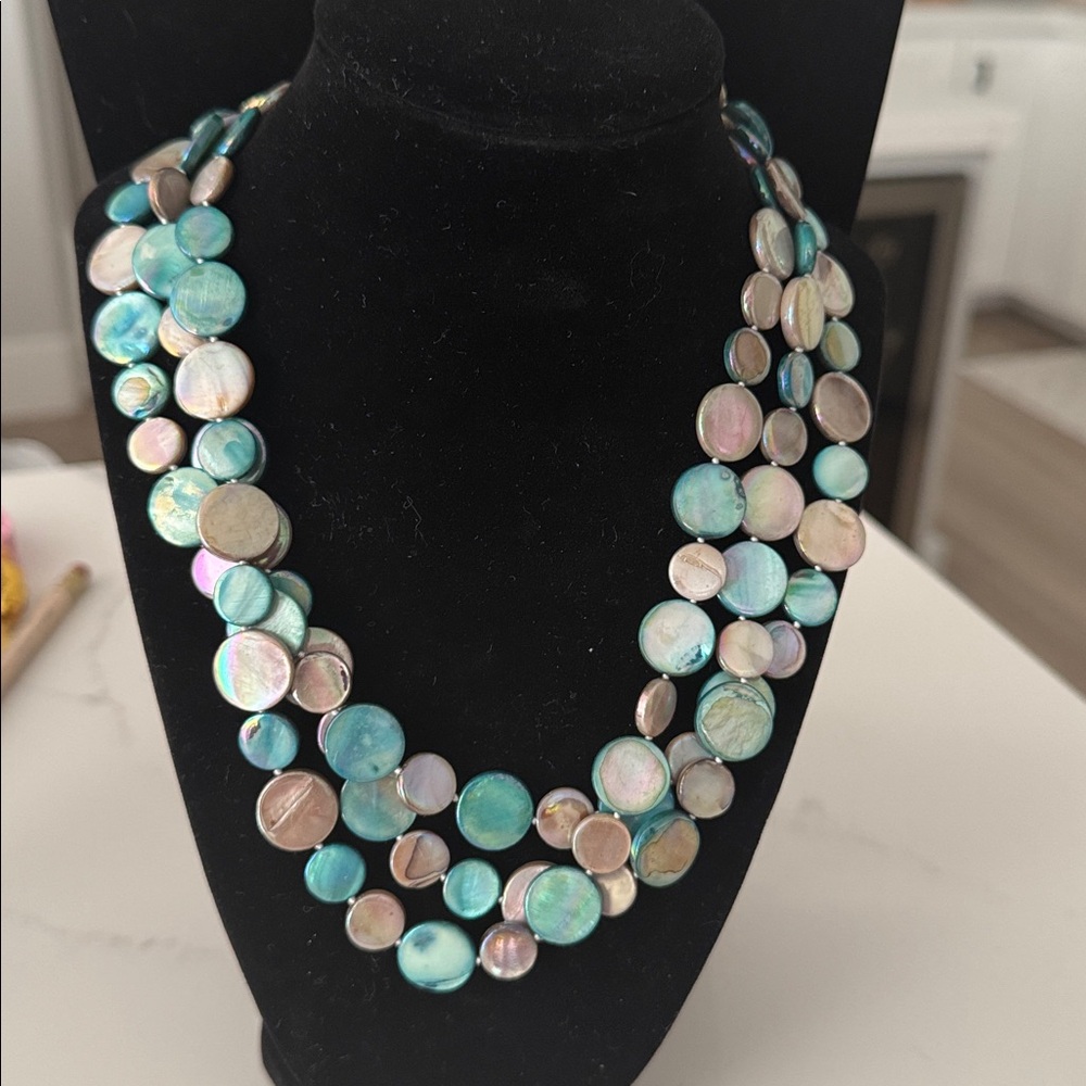 Sea Lily - Silver/Gray 3 Strand
MOP Necklace Elegant Blue and Silver Necklace